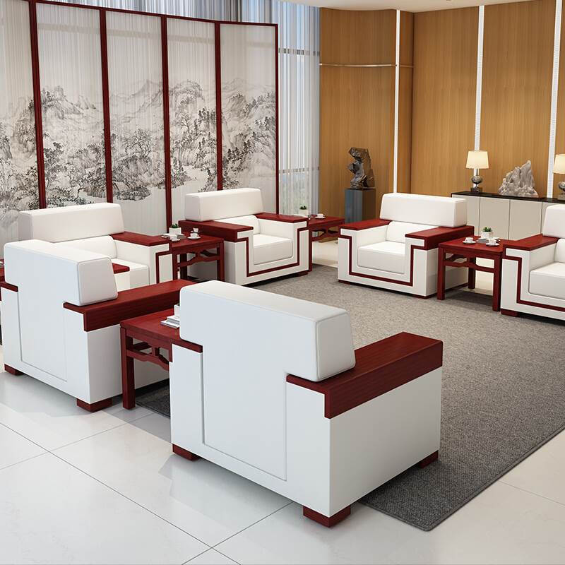辦公沙發貴賓接待沙發實木布藝會議室沙發新中式沙發實木茶幾組合