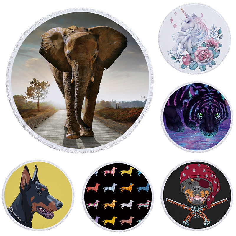 New bath towel foreign trade animal microfiber printed round beach towel with tassel 150cm printable LOGO