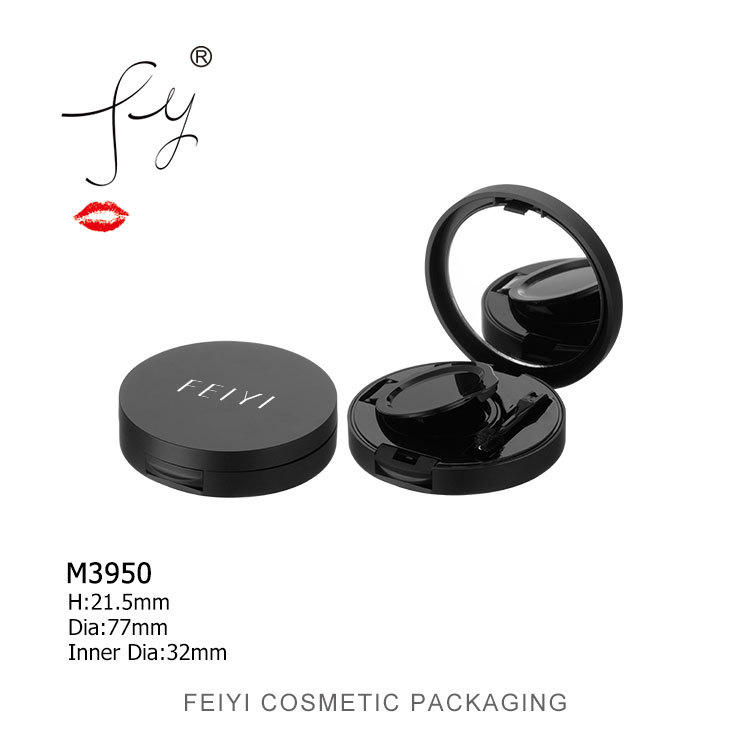 新款 高档黑色经典圆形 带刷槽带镜子气垫眉粉盒 彩妆包材 M3950