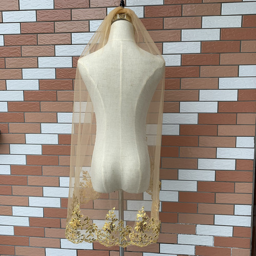 Gold sequin lace veil green with iron comb bridal tiara European and American short color wedding veil