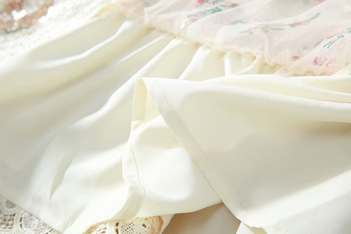 1219-05 珠片绣小花连衣裙码数SMLXL颜色蓝色杏粉色