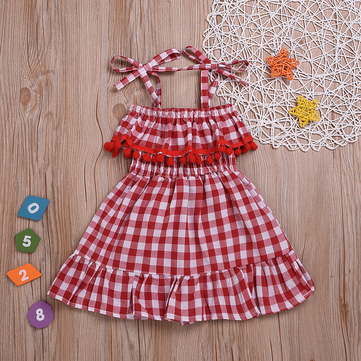 Girls' Dresses Summer New Style Lace Red Plaid Sling Princess Dress Children's Clothes Wholesale Nihaojewelry display picture 3