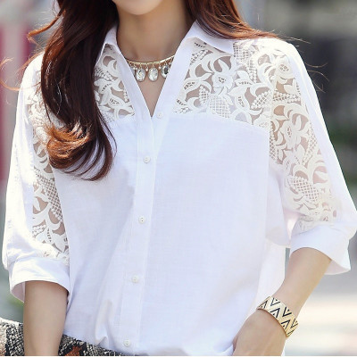 Factory Direct Sales 2025 New Korean Style Large Size Fat mm Chiffon Shirt Lace Shirt Loose Five-Quarter Sleeve Short-Sleeved Shirt Factory Direct Sales 2025 New Korean Style Large Size Fat mm Chiffon Shirt Lace Shirt Loose Five-Quarter Sleeve Short-Sleeved Shirt