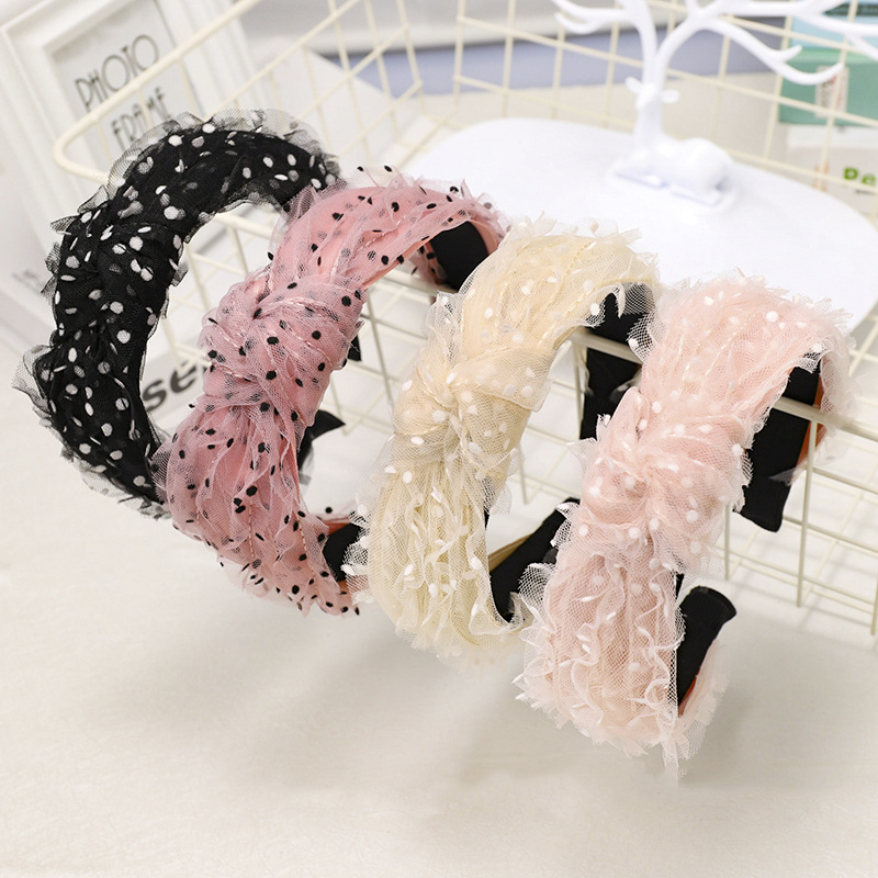 Lace Silk Gauze Cloth Headband Small Fresh Wave Dot Floral Knot Wide Side Headband display picture 14