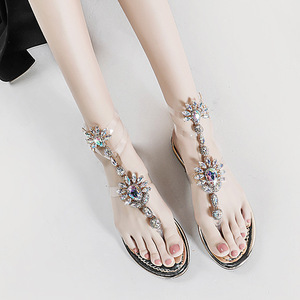 Bohemian transparent diamond flat sandals Roman flat toe one button sandals