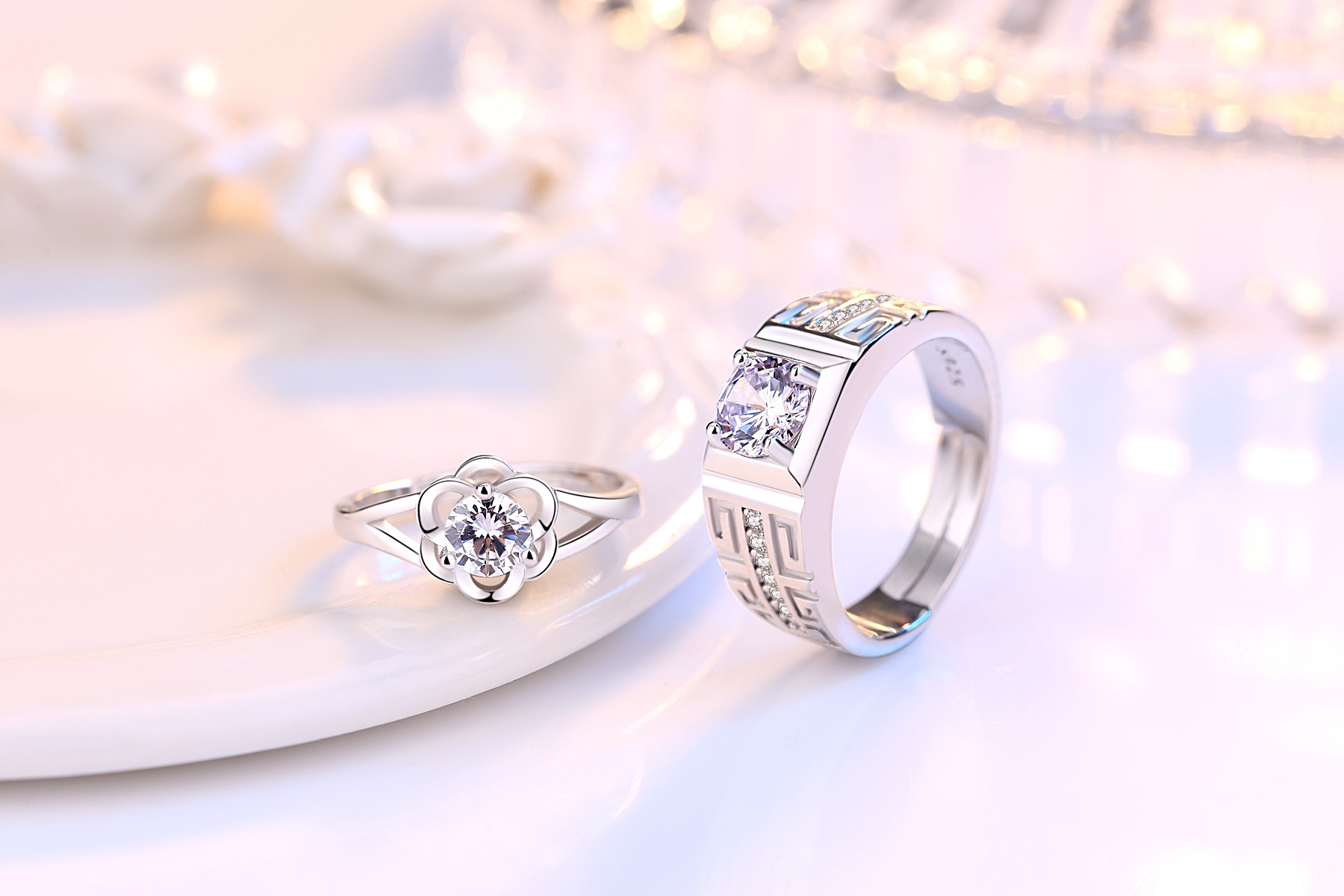 blooming plum male and female couples pattern pair copper ring hand jewelry