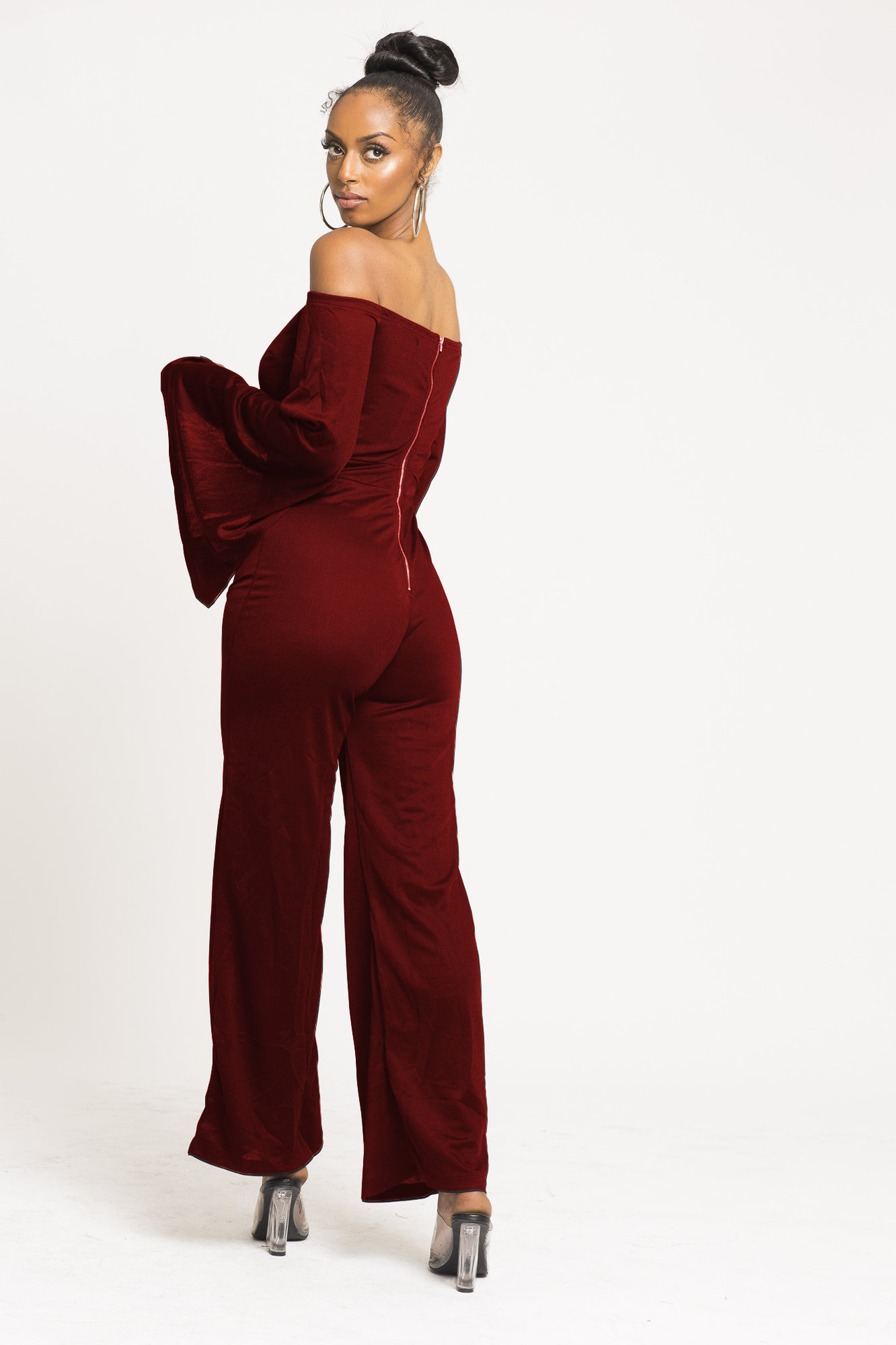 Boutique Casual Solid Color Long Sleeves Cropped off Shoulder Jumpsuit