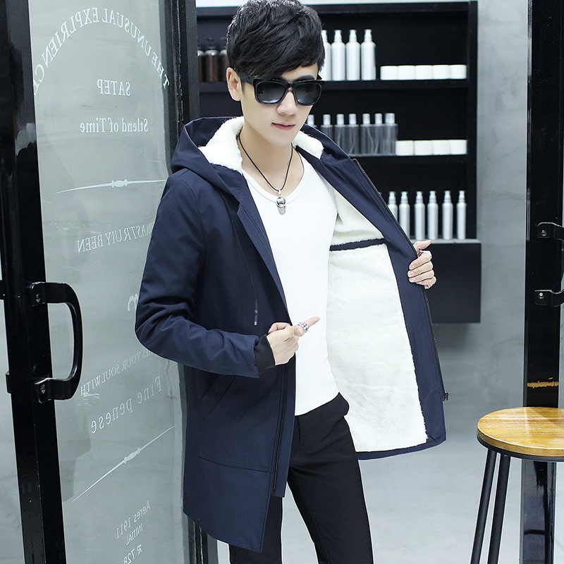 Invierno de los nuevos hombres de longitud media cazadora con capucha de los hombres de estilo coreano juvenil casual forrado de lana engrosada chaqueta ropa de abrigo de los hombres