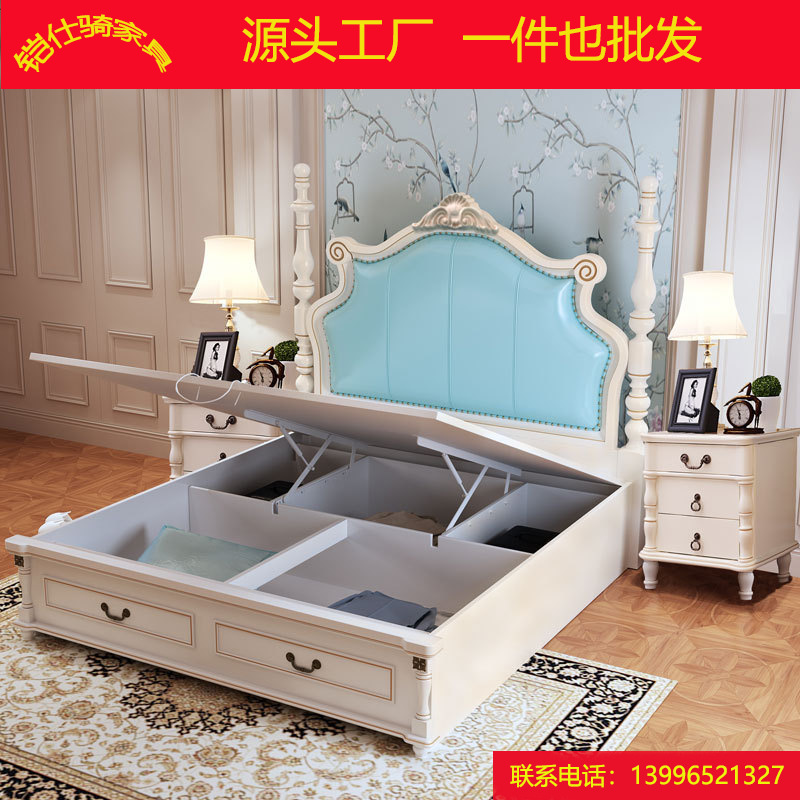 American style bedroom Furniture Modern simplicity Marriage bed Double Big bed Soft roll backrest Master bedroom Storage High box bed