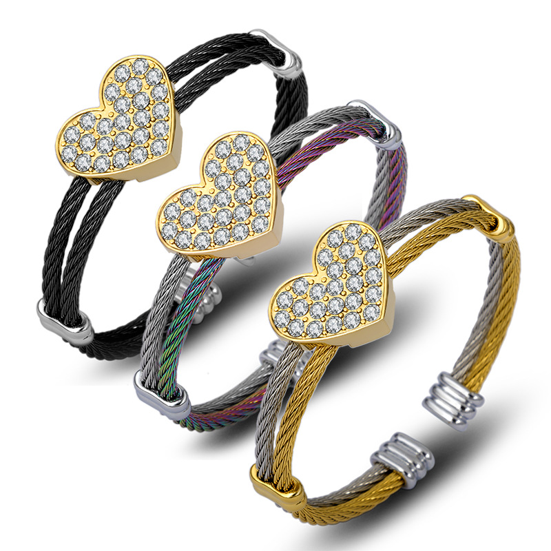 Heart Shape Pattern Women's Gender Simple Style Heart Shape Stainless Steel Rhinestones Bangle In Bulk