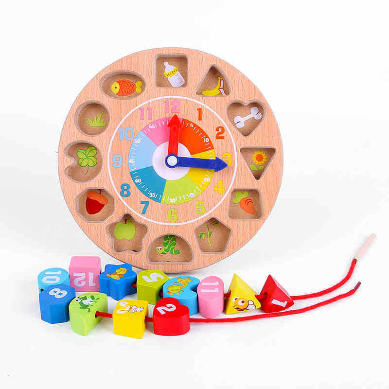 木制數字時鍾兒童鬧鍾益智早教串珠積木寶寶立體拼圖形狀配對玩具