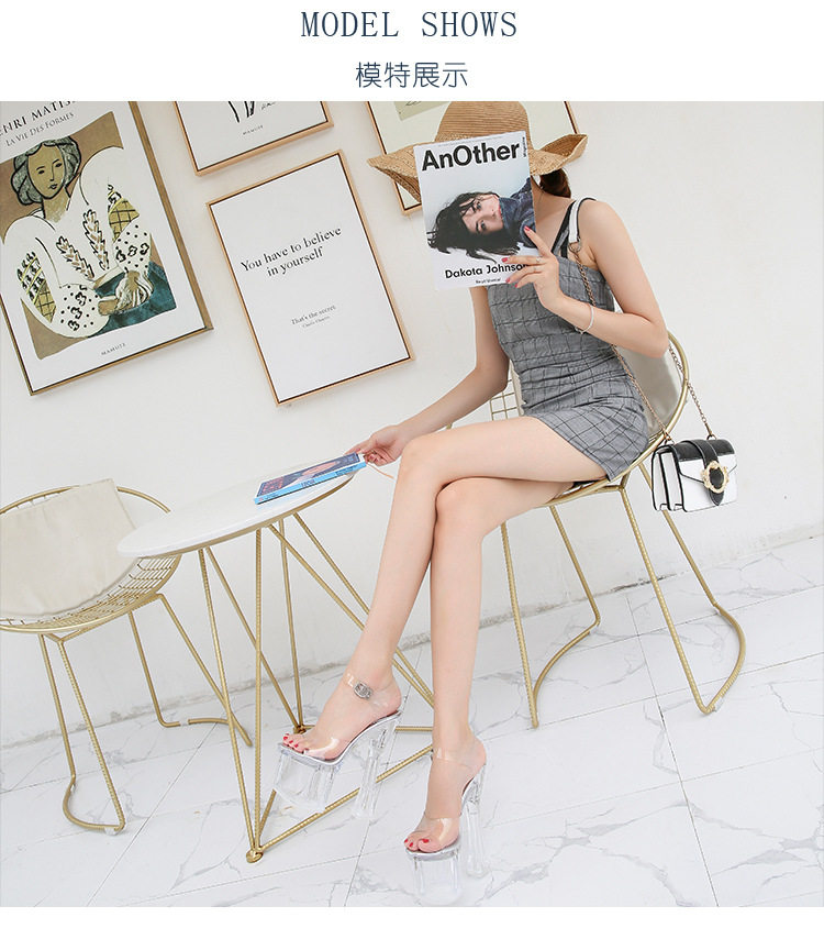 Giày cao gót nữ trong suốt gót vuông 18 cm, đế dày 8 cm, quai ngang hở mũi phong cách thanh lịch — Màu bạc, Trắng, hồng, màu tím chi tiết 10