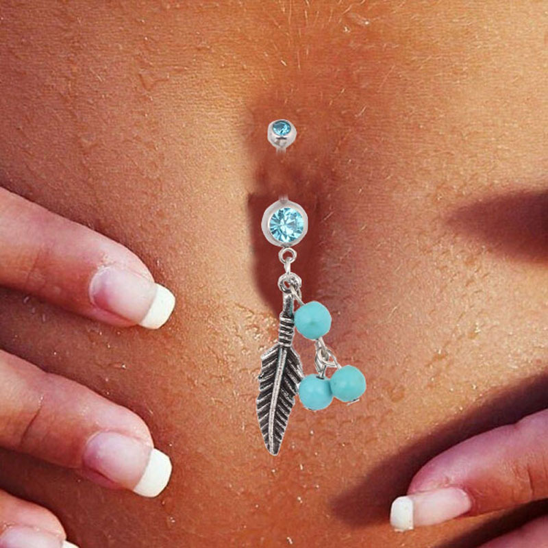 Leaf Turquoise Navel Ring 316L Surgical Steel Belly Button Jewelry Dangle Leaf Shape Blue Stone detail image 10