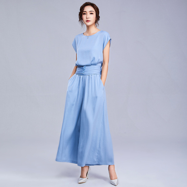 Summer breathable tie wide-legged pants suit elastic waist pants 