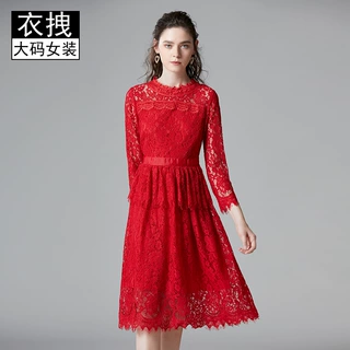 秋冬红色蕾丝连衣裙  跨境大码欧美女装品牌结婚礼服 新娘回门服