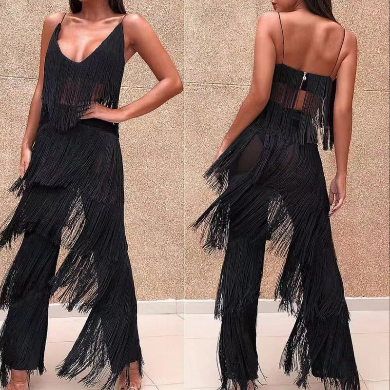 Women black fringed latin dance costumes Sexy V-neck Halter vest off shoulder two piece tassel Wide Leg latin chacha dance Pants Set