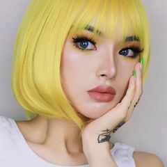 Women's Colored Wigs with Fringe Lemon Yellow Bobo Style Face-Framing Short Straight Hair Amazon New Arrival Wig Cap