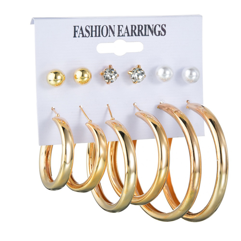 New Fashion Rhinestone Pearl Large Hoop Earrings 6 Piece Set Fashion Exaggerated Earrings Set Wholesale display picture 3