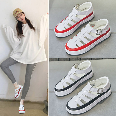 厚底松糕凉鞋女2019夏新款百搭学生平底包头运动平跟镂空罗马凉鞋