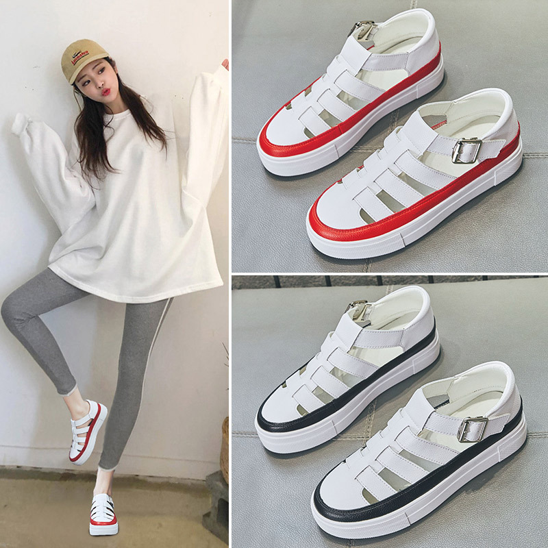 厚底松糕凉鞋女2019夏新款百搭学生平底包头运动平跟镂空罗马凉鞋