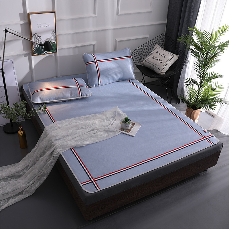 夏季學生透氣冰絲涼席子套件 家紡印花床單簡約涼席枕套三件套