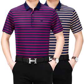 中老年短袖T恤男半袖宽松爸爸装桑蚕丝冰丝翻领体恤中年亮丝t恤男