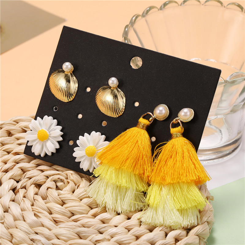 Wholesale Fashion Jewelry New Flower Yellow Tassel 3 Pair Earrings Set display picture 4