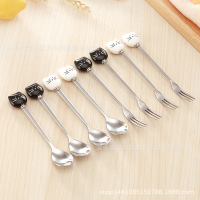 创意卡通陶瓷猫咪咖啡搅拌勺蜂蜜勺儿童幼儿园餐具不锈钢长冰勺子|ms