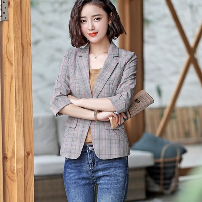 2019春夏职业女式时尚休闲格子外套修身中袖小西装工作西服批发