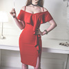 Sexy suspender Red Size Split Ruffle V-neck bottom dress