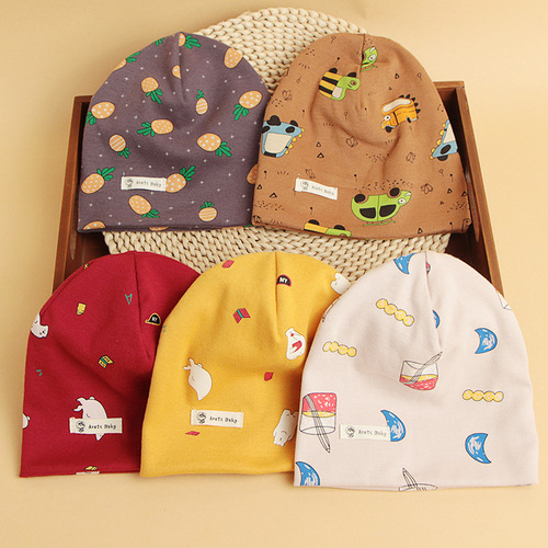 Category A Spring and Autumn Korean Style Baby Cotton Cute Children's Hat Warm Double Layer Cartoon Print Baby Pullover Hat