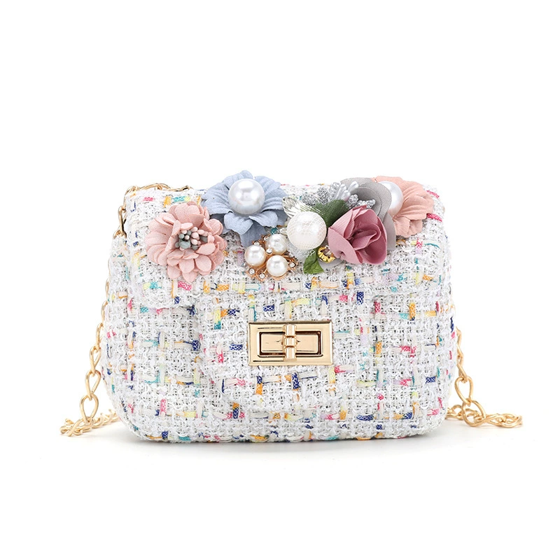 Children's One-Shoulder Bag, Small Tweed Floral Purse with Chain Strap, Cute Patterns
