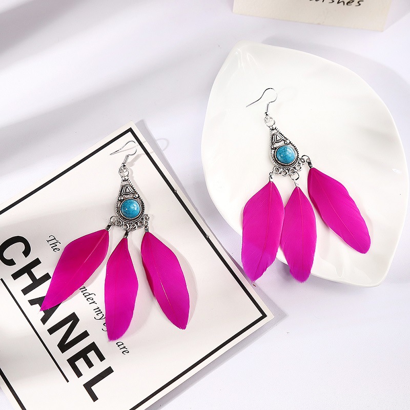 Fashion Simple Turquoise Feather Female Retro Ethnic Long Alloy Earrings display picture 2