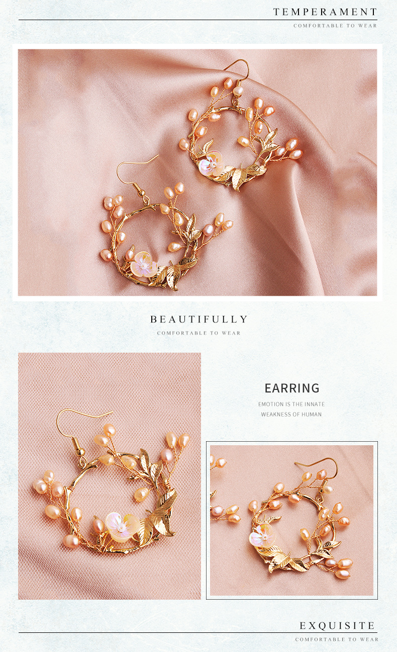 Fashion New Branches And Leaves Round Natural Pearl Handmade Flower Earrings display picture 1