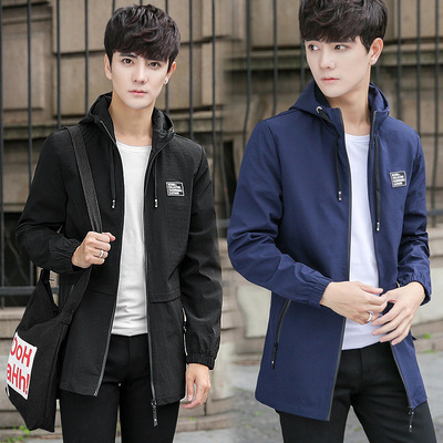 2019 Spring new pattern man coat man leisure time Mid length version Jacket Teenagers Thin section Hooded Windbreaker coat