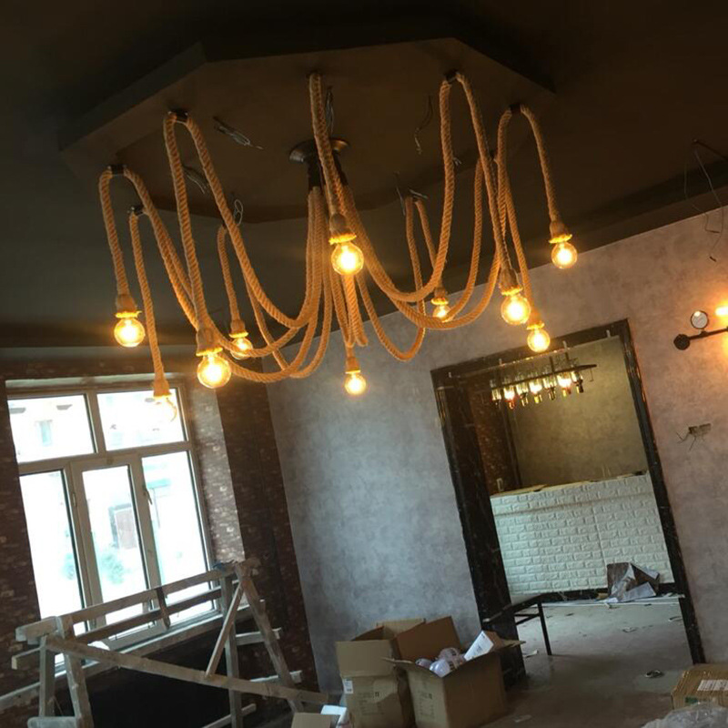 Cuerda de cáñamo hembra flor suelta araña creativa retro estilo industrial oficina tienda de ropa restaurante Araña multi-cabeza lámpara de cuerda de cáñamo