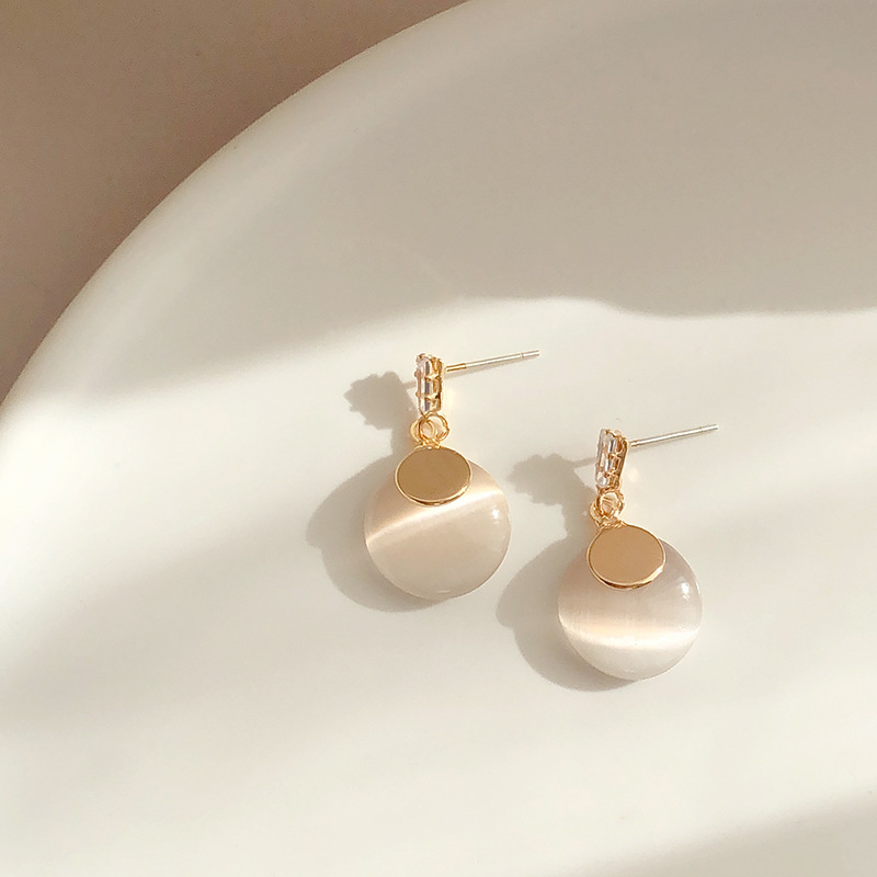 925 Silver Needle Korean Simple European and American Light Luxury Ladies Opal Earrings Geometric Round Earrings Cold Wind Earrings