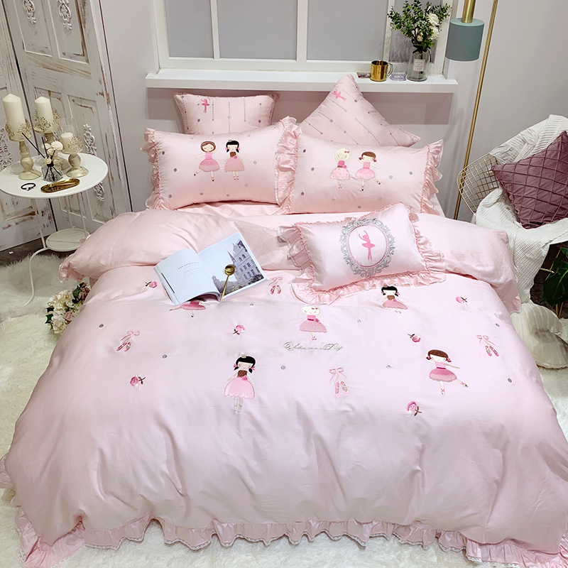 美少女粉色60长绒棉四件套刺绣蕾丝边全棉公主风女孩床上用品批发|ru