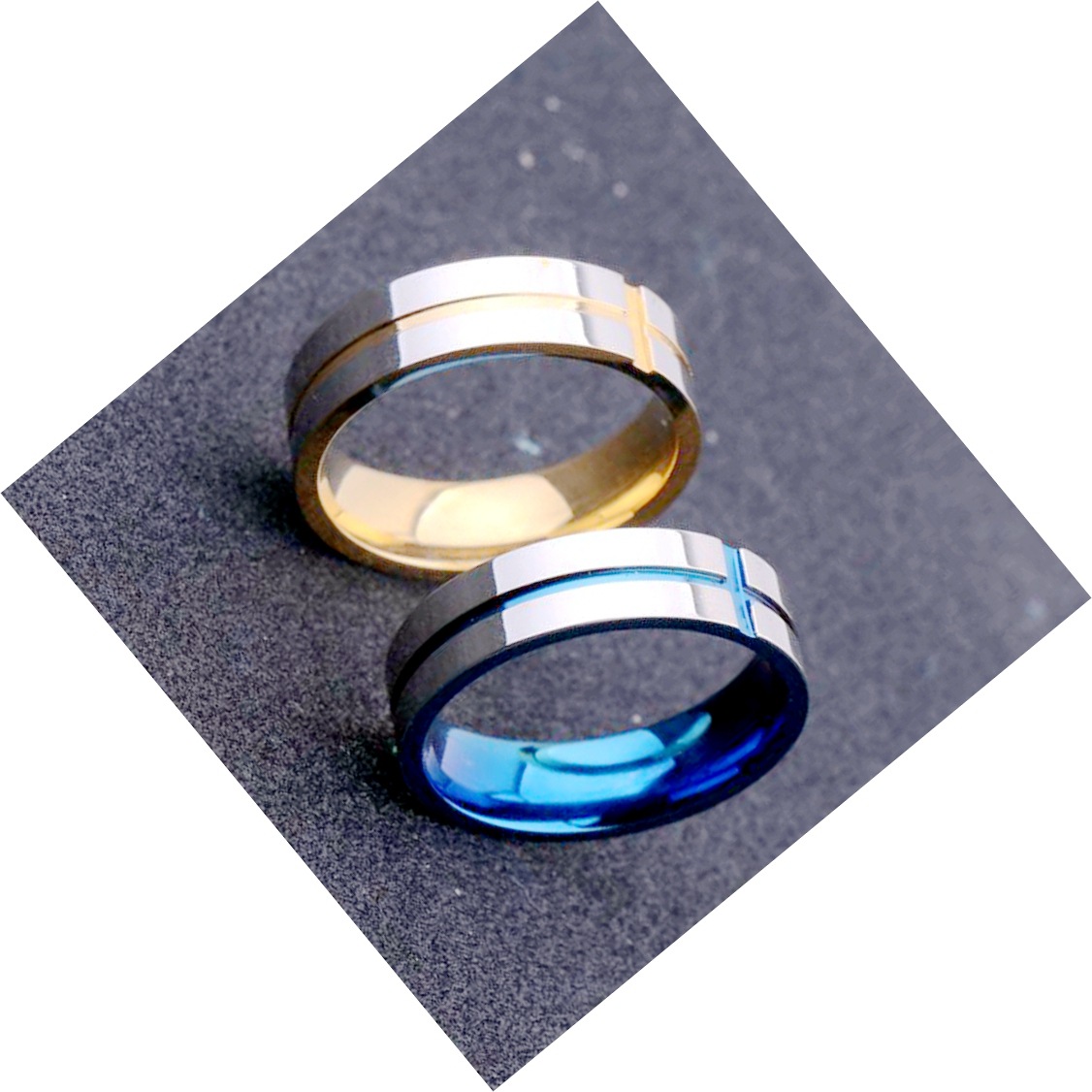 Grohandel Kreuz Edelstahl Paar Blau Gold Glossy Ring Nihaojewelrypicture6
