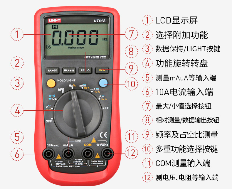 优利德授权UT61A UT61E自动量程温度测量电工万能表数字万用表