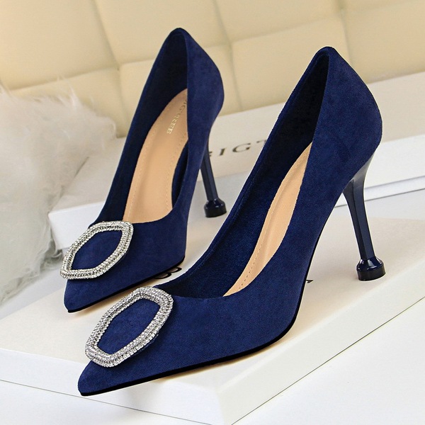 high-heeled suede single shoe shallow sharp metal drill buckle  