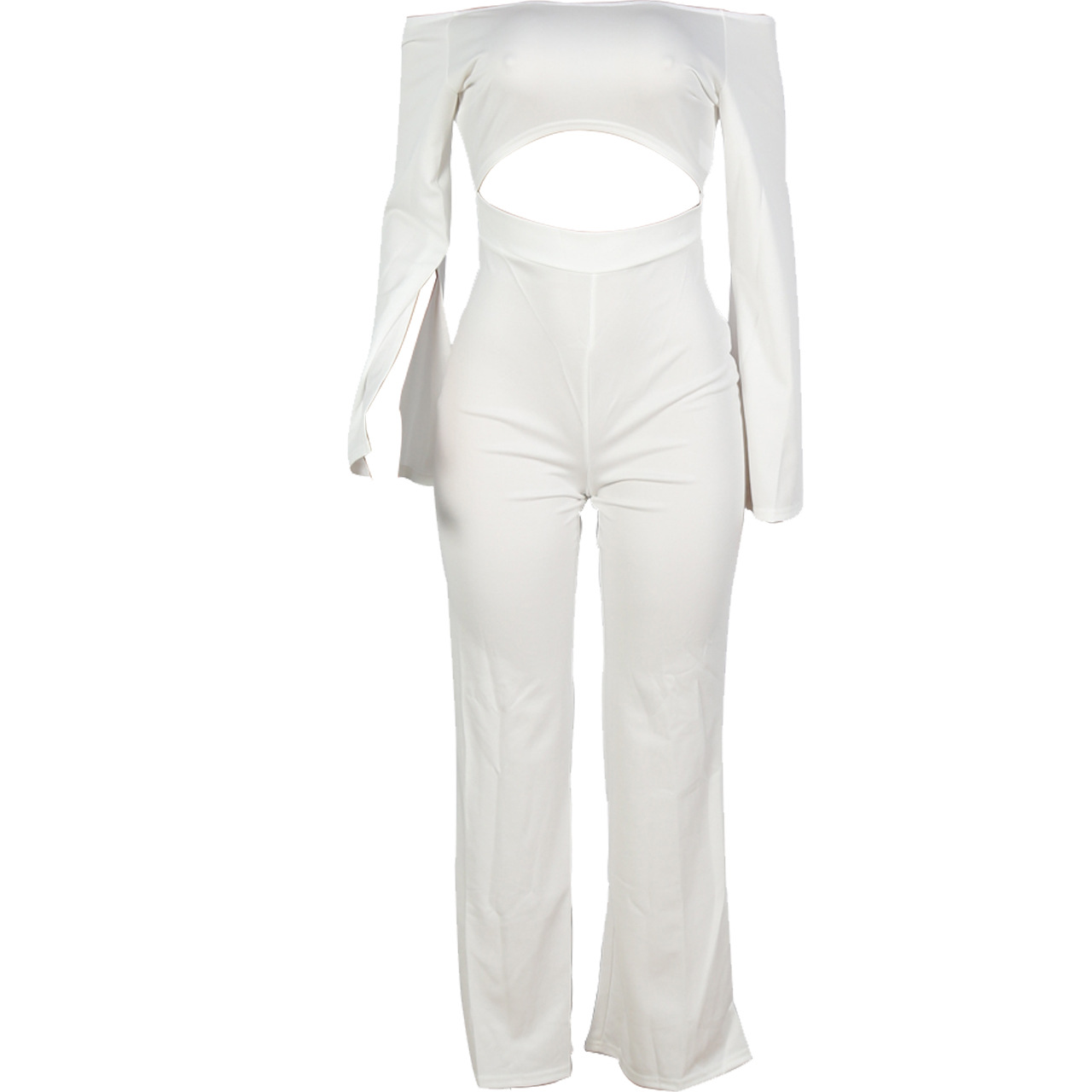 Boutique Casual Solid Color Long Sleeves Cropped off Shoulder Jumpsuit