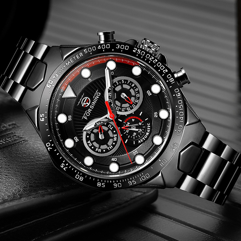 FORSINING fusini hombres moda correa de acero reloj mecánico automático reloj impermeable luminoso de seis pines 432