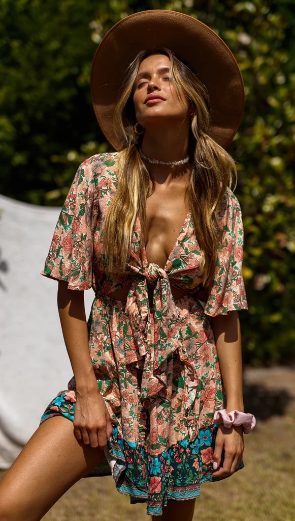 bohemian print front tie V-neck beach dress NSJKW119166