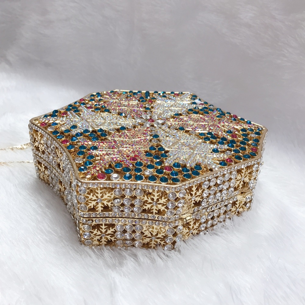 Túi clutch nữ đính pha lê kim cương bông tuyết, thiết kế hợp kim rỗng, làm bằng tay — Màu tím, Màu xanh lam, Ảnh tùy chỉnh được Cá nhân hóa, Màu đỏ hoa hồng chi tiết 17