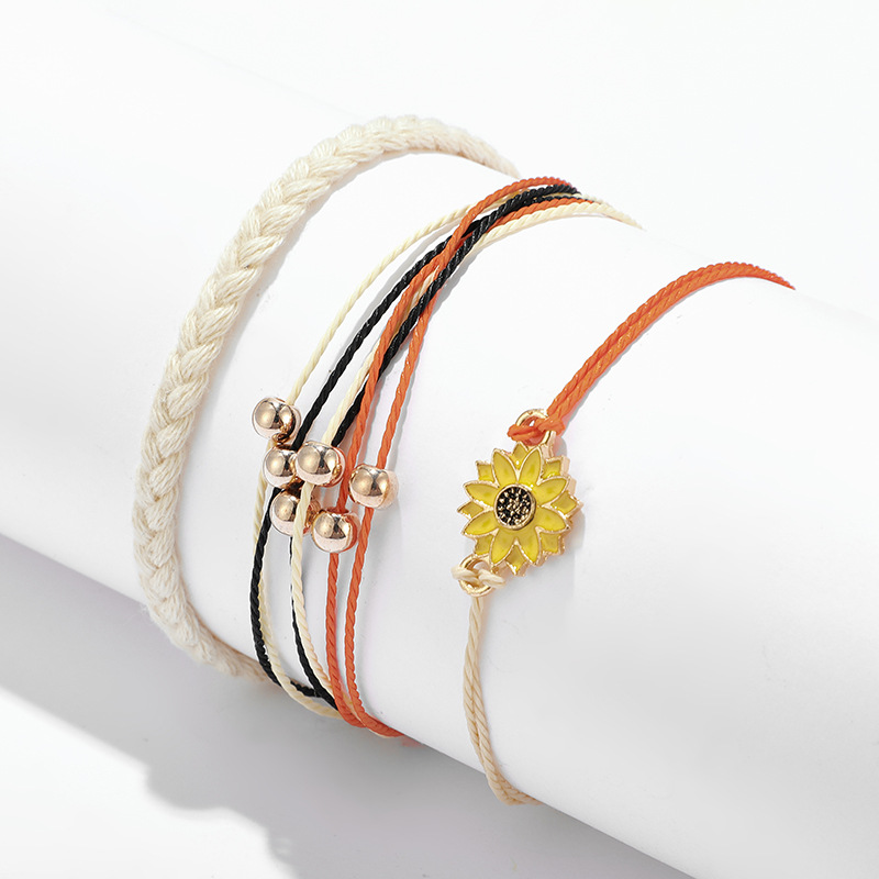 Ethnic Style Hand-woven Gold Chrysanthemum Yellow Flower Line Rope Bracelet 3 Piece Set Color Line Rope Bracelet display picture 5