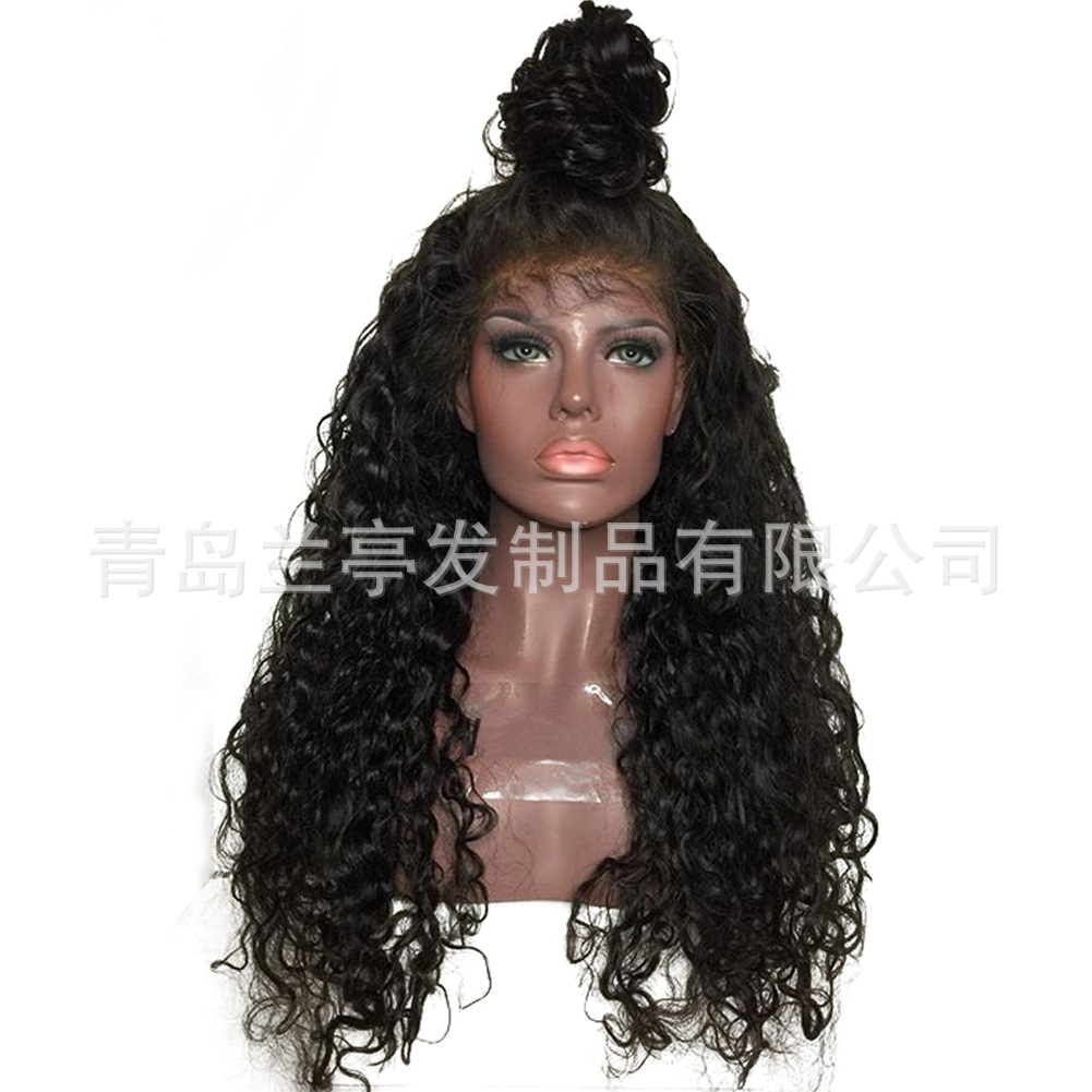 Cross border European and American wig female long curly hair black small curly wig high temperature silk chemical fiber front lace head cover a substitute hair