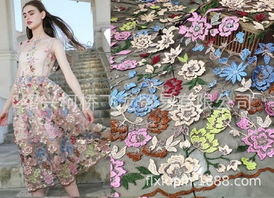 3D立体绣浮雕绣网纱刺绣花边网布绣花满幅蕾丝花边婚纱面料|ru