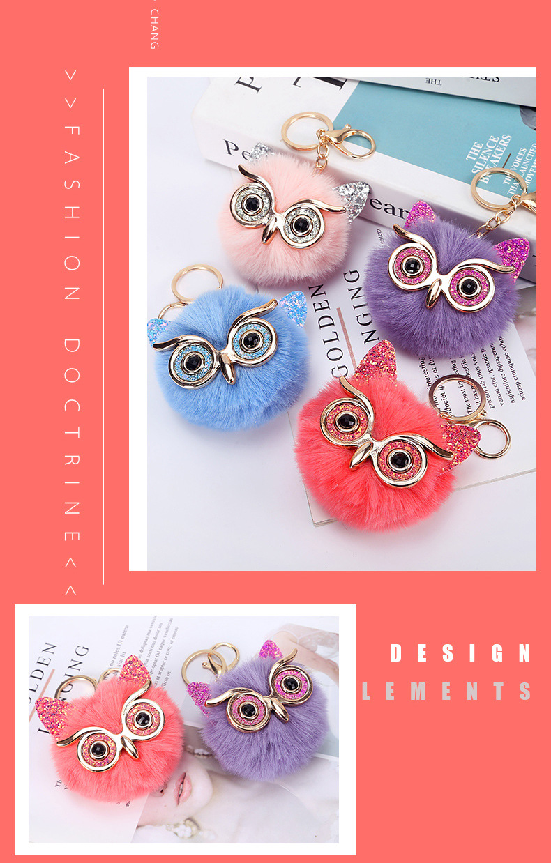 Cute Owl Plush Metal Sequins Rhinestones Bag Pendant Keychain display picture 1