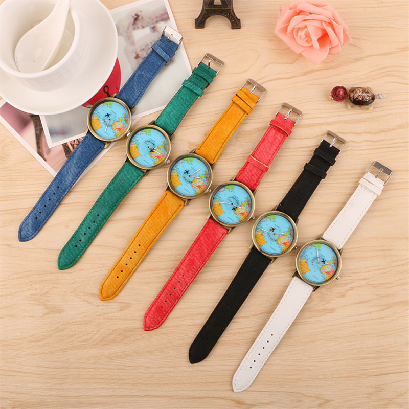 Bronze Denim Airplane Map Watch Rotating Second Hand Quartz Belt Watch Wholesale Nihaojewelry display picture 1